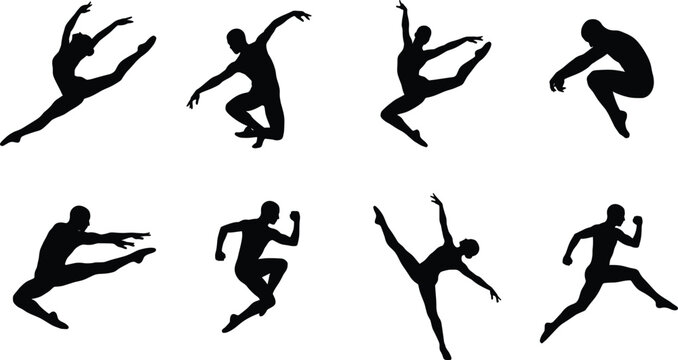 Solid black vector silhouette collection of modern contemporary dancers leaping and jumping isolated on white background