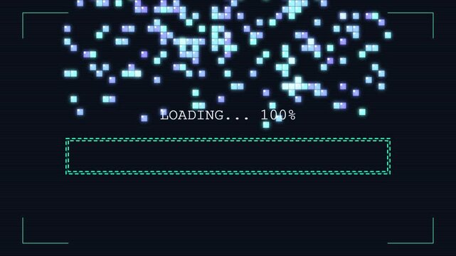 Loading process bar with digital pixel rain on a dark computer screen