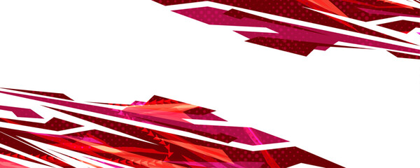 Abstract background design with striking red and dark red geometric shapes, brush strokes, and halftone dots, dynamic diagonal composition on white. © Design_Hub