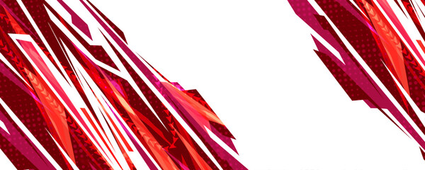 Abstract background design with striking red and dark red geometric shapes, brush strokes, and halftone dots, dynamic diagonal composition on white. © Design_Hub