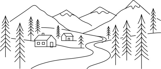Fototapeta premium Minimal Mountain Cabin Landscape Line Art with Curved Road and Pine Forest Coloring PageDescription