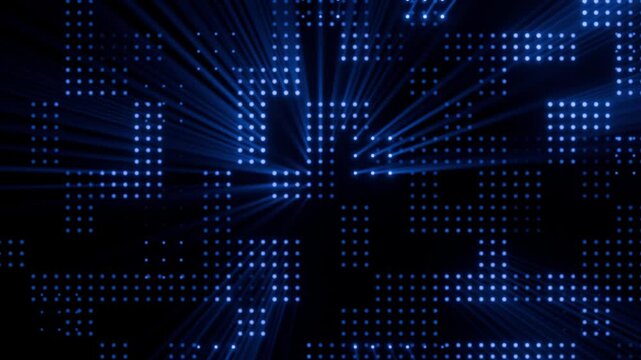 Blue Digital Grid with Radiating Light Beams - This video features an intricate, pixelated blue digital grid tha
