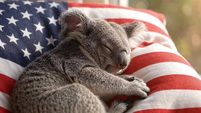 Baby koala sleeps soundly on a patriotic pillow - A cute baby koala is peacefully sleeping on a pillow featuring the American flag pattern.