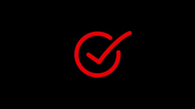 Red Check mark animation icon. Correct, success sign, Approved tick mark icon animation on black background.
