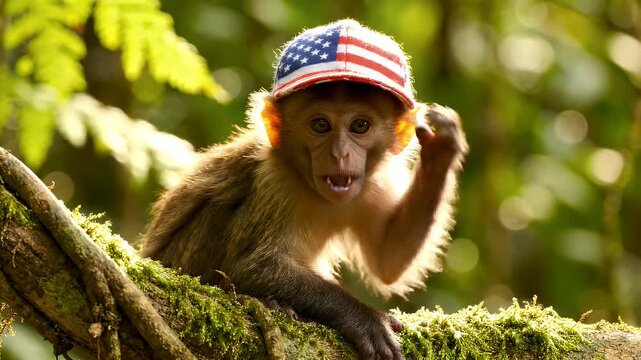 Baby Monkey Wearing Patriotic Cap in Forest - A young monkey sits on a moss-covered branch in a forest, wearing a cap with the American flag design.
