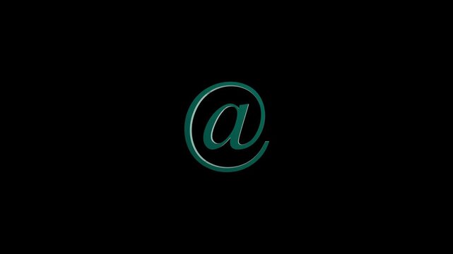 3D Rotating At Sign Email Icon Animation in Cyan Dark Green Metallic Color, Internet Communication, Global Message and Contact Us Concept Motion Graphic Isolated on Black Background.