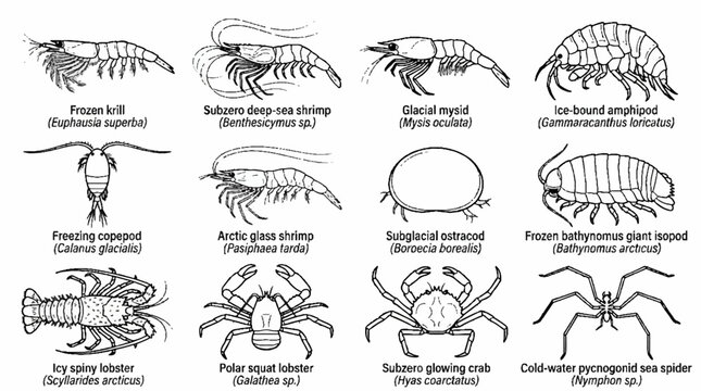 Scientific illustration of various marine crustaceans including shrimp krill crabs and lobsters in black and white line art style.