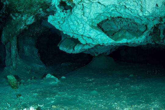 Crystal clear freshwater passage inside a Mexican cenote cave system