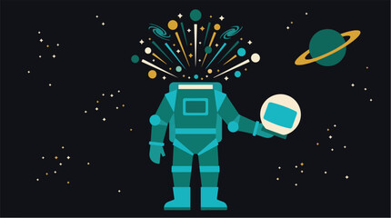 Surreal Astronaut Removing Helmet Releasing a Galaxy of Stars and Cosmic Energy — Flat Vector Illustration for Space, AI, Technology, and Human Consciousness Concepts © Vecto Graph