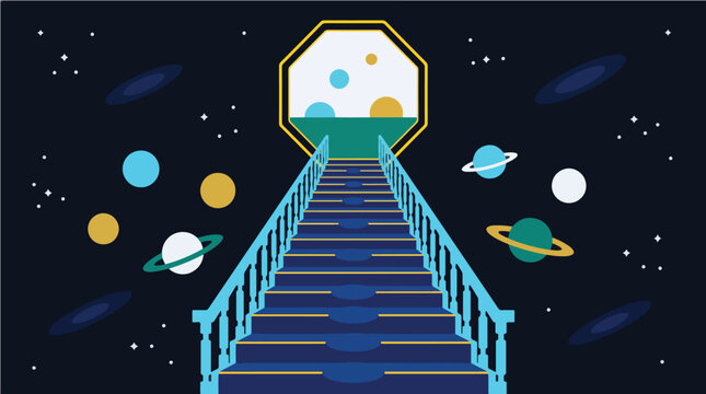Surreal Cosmic Staircase Ascending Through Floating Planets Toward a Geometric Portal &mdash; Premium Flat Vector Illustration for Philosophy, Technology, and Inspiration Concepts