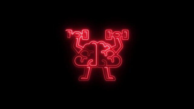 Neon brain lifting dumbbells animation: concept of mental strength and cognitive fitness glowing
