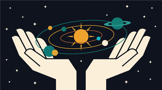 Surreal Cosmic Hands Holding a Miniature Solar System with Orbiting Planets &mdash; Flat Vector Illustration for Science, Religion, Technology, and Creation Concepts