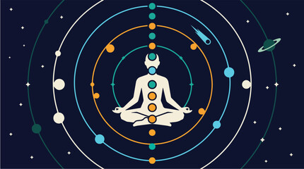 Surreal Meditating Figure Levitating Among Orbiting Planets and Star Constellations in Deep Space — Flat Vector Illustration for Wellness, Mindfulness, and Philosophy Concepts © Vecto Graph
