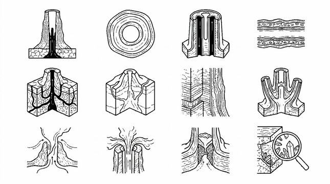 Scientific anatomical diagrams of plant tissue and vascular bundle structures in black and white line art.
