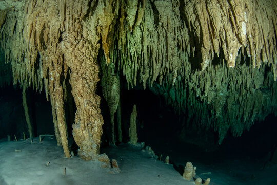 Ancient Limestone Formations Inside Cenote Cave in Mexico