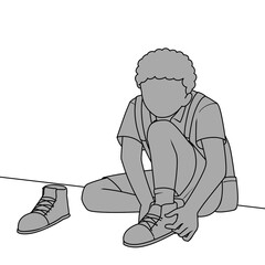 A grayscale line art illustration of a person with an afro sitting on the ground, putting on their shoe, with another shoe beside them.