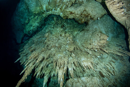 Looking upward at dramatic limestone cave ceiling formations inside cenote