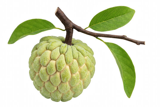 Fresh Green Sugar Apple Fruit on a Branch with Leaves