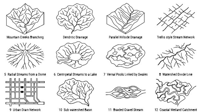 Scientific Illustration of Geological Drainage Patterns and River Network Systems.
