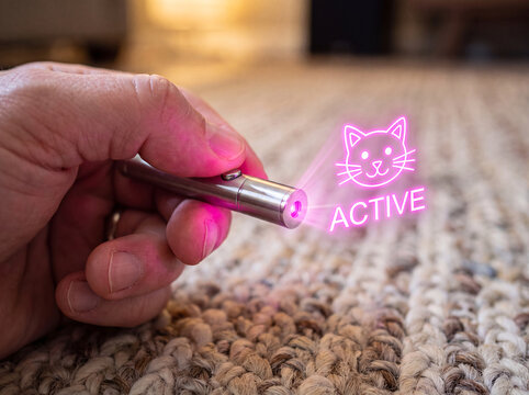 hand aiming laser pointer on carpet with glowing pink active cat face icon overlay