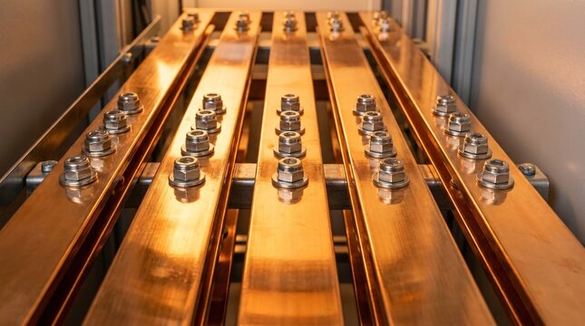 Close up view of parallel copper busbars with heavy duty nuts and bolts inside an industrial electrical power cabinet for high voltage energy distribution