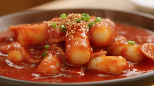 Spicy Korean Tteokbokki Rice Cakes with Gochujang Sauce Garnished with Sesame Seeds