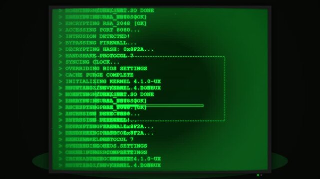 Green digital terminal interface with hacking code and system status