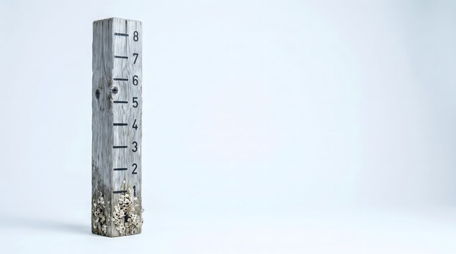 Weathered grey wooden tide gauge post with painted measurement marks and barnacle growth on lower section on white surface, tidal rhythm natural time slow living analog nature concept art 