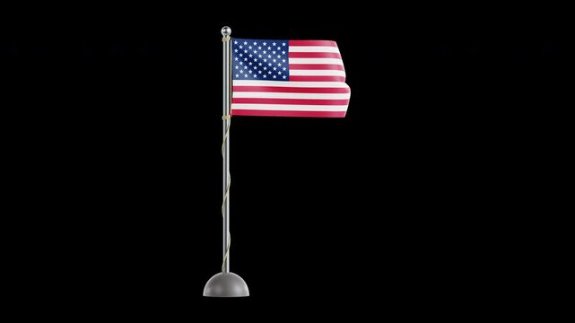 Realistic 3D American flag on a silver flagpole waving gently with natural cloth simulation, isolated on transparent background for patriotic events, national holidays, branding, and motion graphics.