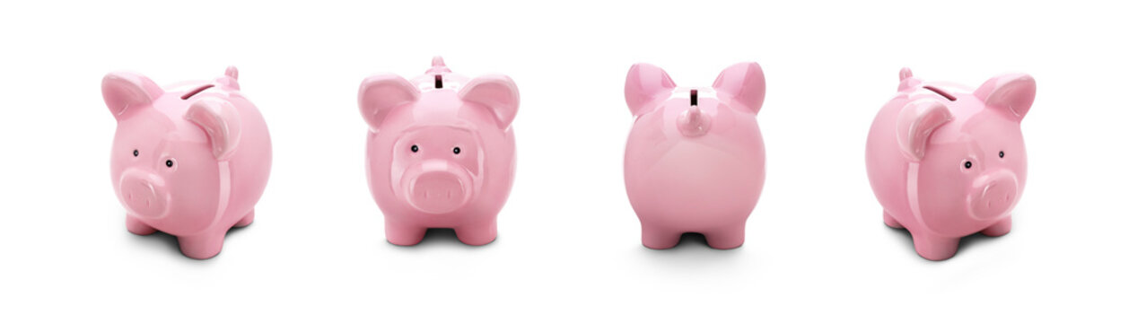 A collection of pink piggy savings, investment bank level from the front, side and back angles at a 45 degree angle isolated against a transparent background