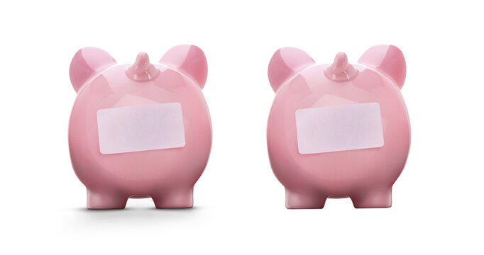 Two images of a pink piggy savings, investment bank from behind, the rear, one with a shadow and one without and a blank label, copy space to write a message isolated against a transparent background.