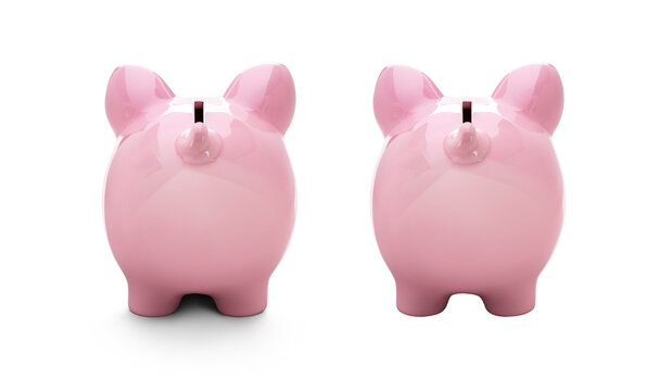 A pink piggy savings, investment bank from behind, rear, at 45 degree angle with and without shadow isolated against a transparent background