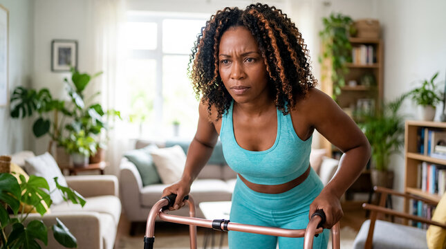 woman fitness recovery wellness exercise strength health home resilience woman using resistance equipment at home with focused expression showing strength training recovery and active self care for
