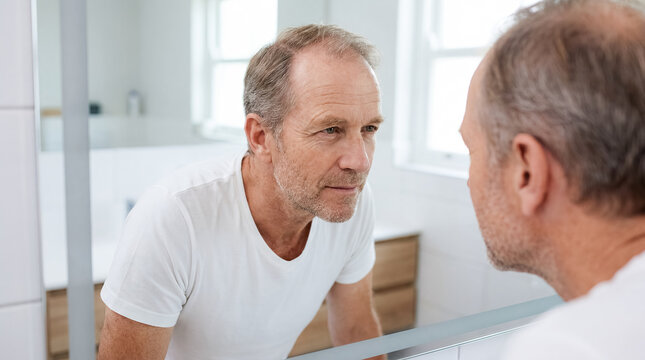 hair loss man mirror aging health confidence grooming wellness middle aged man studies thinning hair in bathroom mirror with vulnerable expression and realistic self care concern with distinct