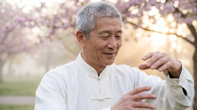 tai chi senior man wellness movement balance healthy aging older man practicing slow mindful movement outdoors with calm expression and gentle spring background for healthy aging programs balance