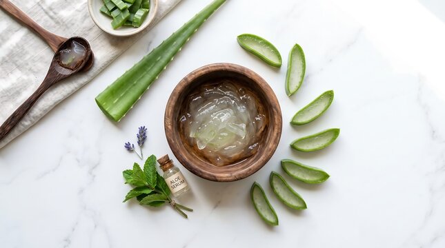 Fresh aloe vera gel in a wooden bowl with sliced leaves for natural skincare.