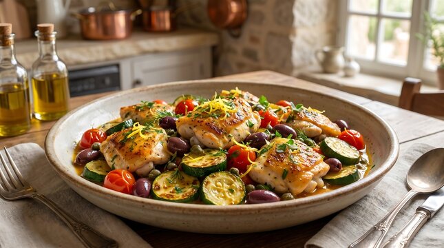 Roasted chicken thighs served with fresh Mediterranean vegetables in a rustic country kitchen.