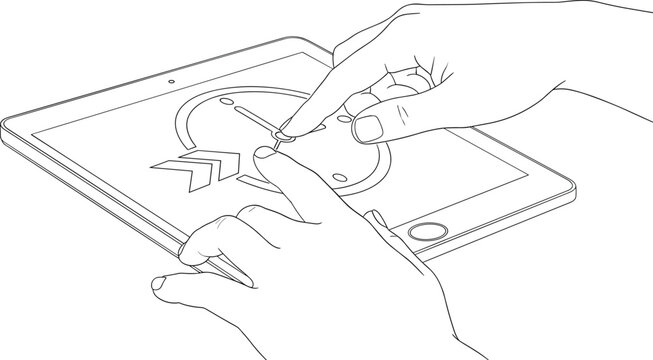 Tablet computer with interactive clock display being operated by human hands for efficient time usage