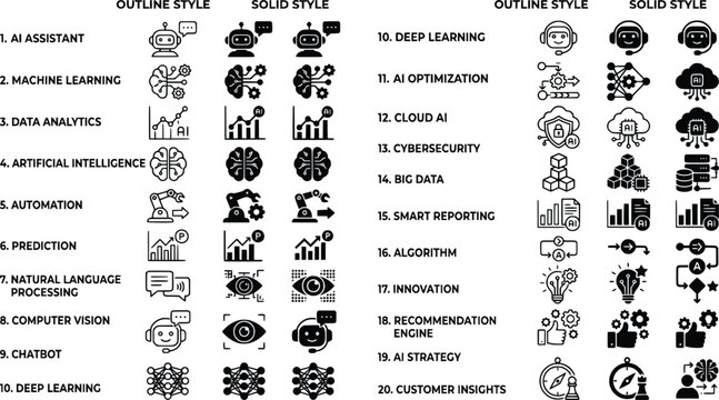 Artificial intelligence icons set outline and solid styles for technology concepts