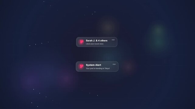 Social media push notifications appearing on a dark digital background