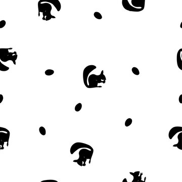 Seamless pattern black silhouette of squirrel with nuts on white, vector eps 10