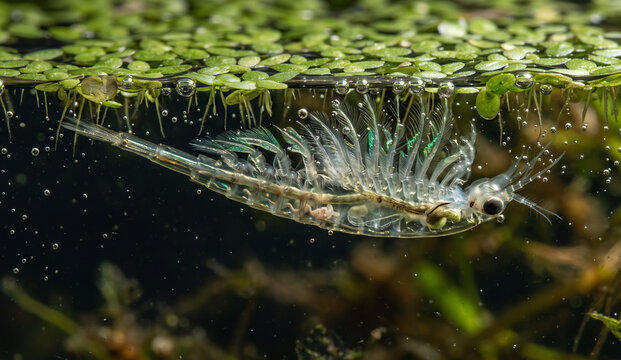 Extreme Close-Up Portrait of Fairy Shrimp Feeding Beneath Floating Duckweed