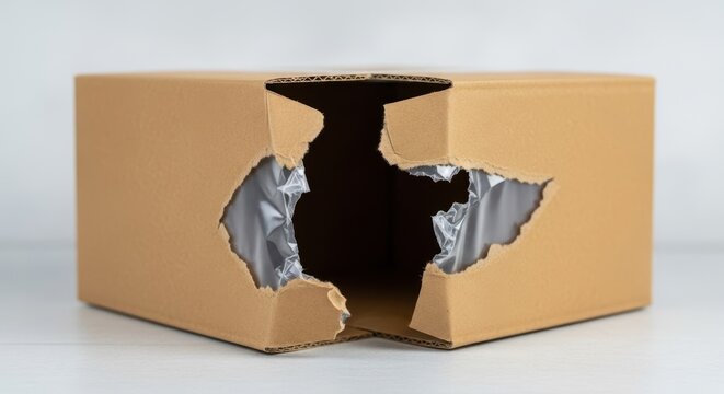 A Torn Cardboard Shipping Box Revealing Contents and Damaged Packaging