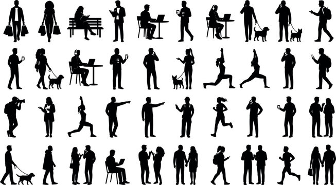 People silhouettes vector collection featuring diverse men and women walking dogs shopping working on laptops running doing yoga and talking on phones