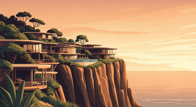 Flat vector illustration of a modern cliffside eco-resort with tiered glass villas and infinity pools overlooking a calm ocean under a warm orange sunset sky with coastal greenery.