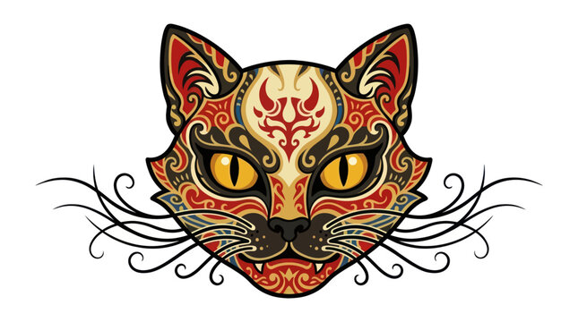 Ornate Japanese cat mask illustration with tribal patterns
