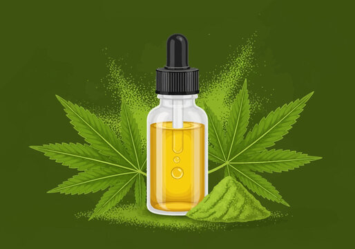 Vector illustration of a glass dropper bottle with yellow cannabis oil, featuring green marijuana leaves and kief powder on a textured dark green background with particles.