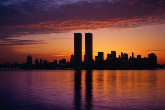 Silhouette of iconic skyscrapers at dusk, vibrant colors in sky mirrored in calm water, evoking