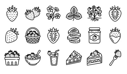 Black strawberry line art icon set with fruit and berry themed vector illustrations © MstArjina