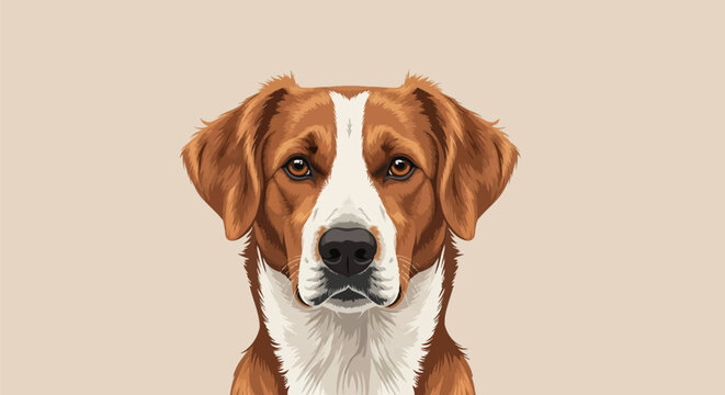 Vector illustration of a brown and white mixed breed dog portrait. Symmetrical front view of a canine head with floppy ears and brown eyes, centered on a plain light beige background.